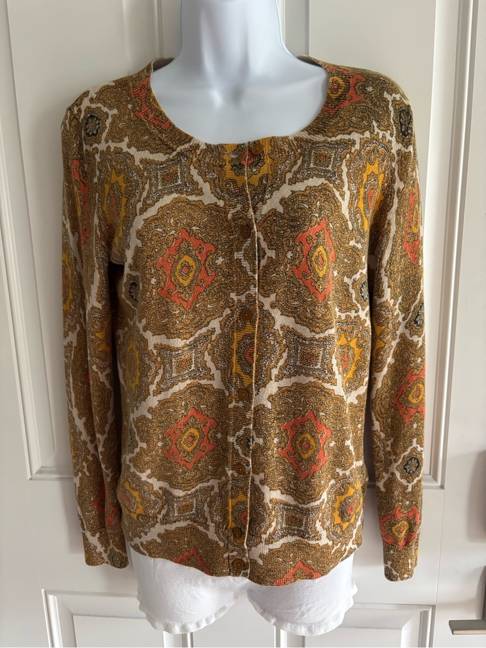 Talbots Multicolor Paisley Print Cardigan Sweater - Brown, Yellow, Orange